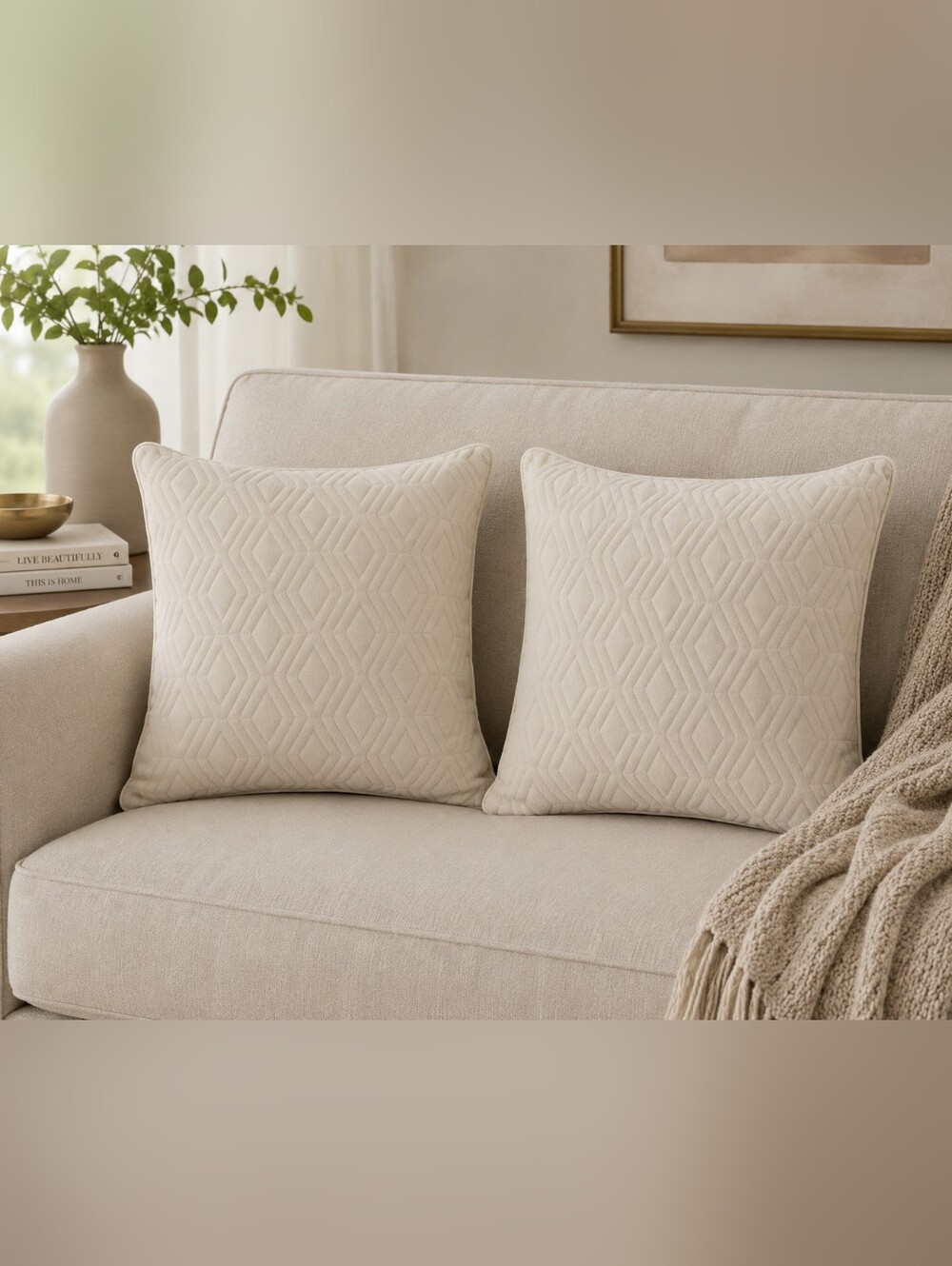 NWT 2 Fieldcrest Heritage Plush Diamond Velvet Decorative Beige Pillows